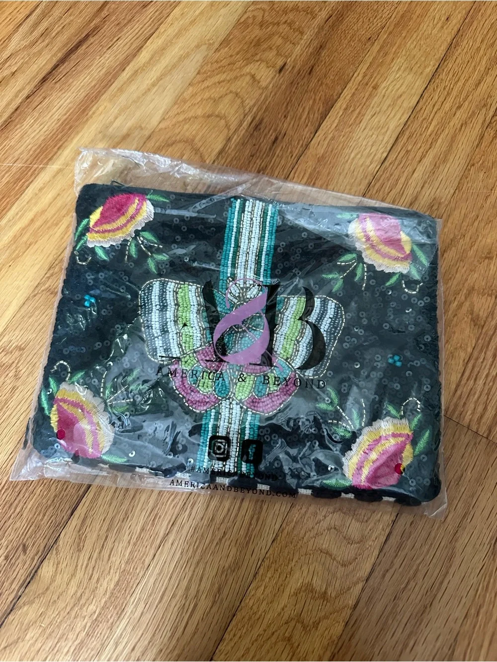 Black Sequin Beaded Wristlet Clutch with Colorful Embroidery